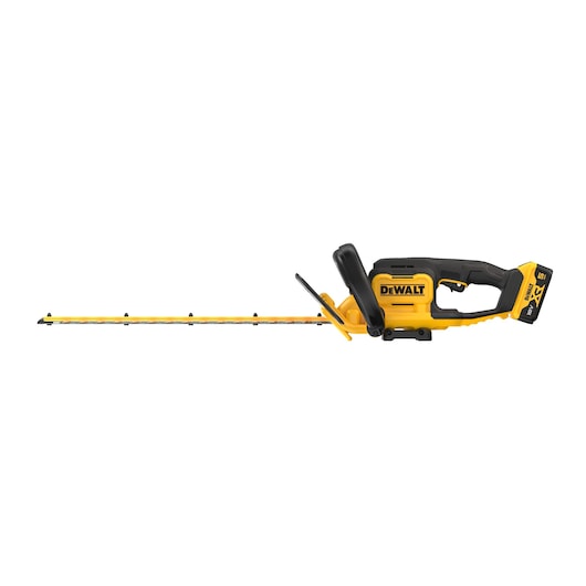 DEWALT cordless hedge trimmer with yellow and black design and battery pack on the handle.