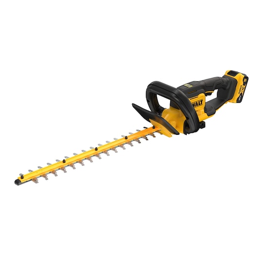 DEWALT cordless hedge trimmer with yellow and black body, long blade, ergonomic handle, and visible battery pack.
