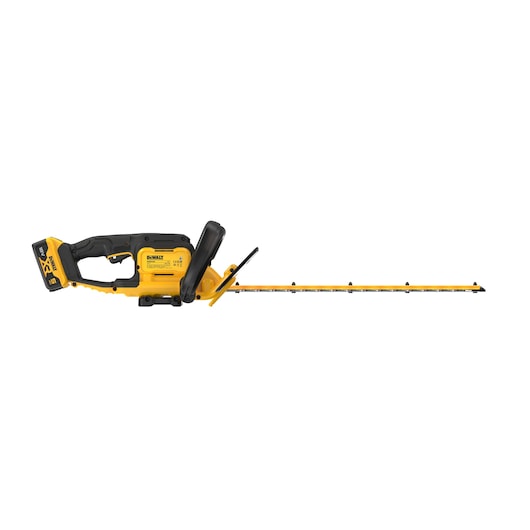Yellow and black DEWALT cordless hedge trimmer with long blade and battery pack, side view.