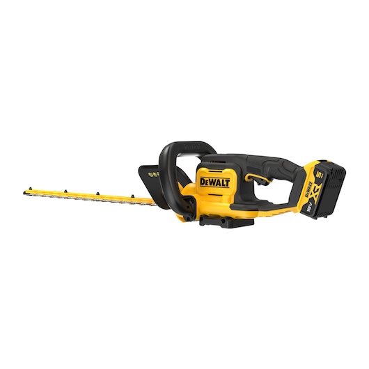 DEWALT cordless hedge trimmer with yellow and black design, featuring an 18V battery and ergonomic handle.
