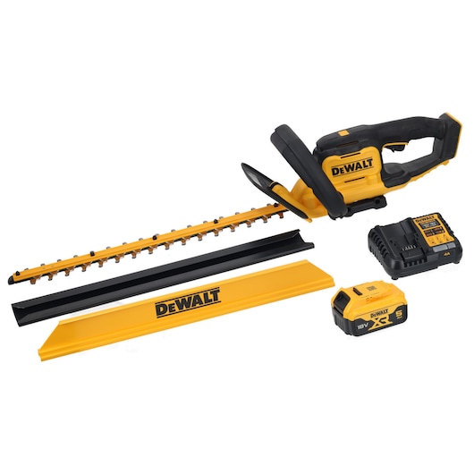 DEWALT cordless hedge trimmer kit with blade cover, battery, and charger on white background.