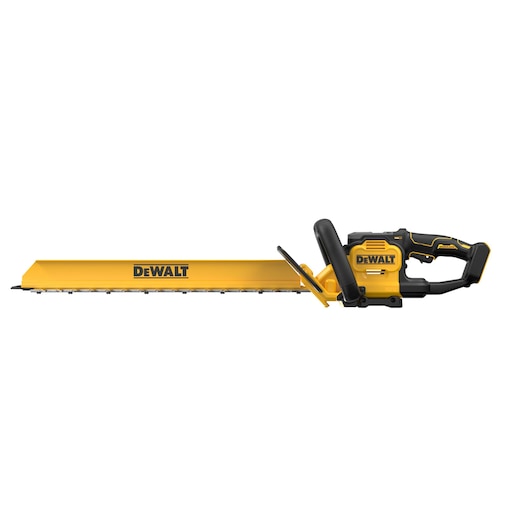A DEWALT cordless hedge trimmer with a yellow and black design, featuring a long blade and ergonomic handle.