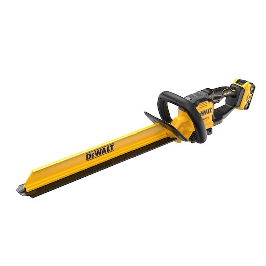 A yellow and black DEWALT cordless hedge trimmer, featuring a long blade and ergonomic handle.