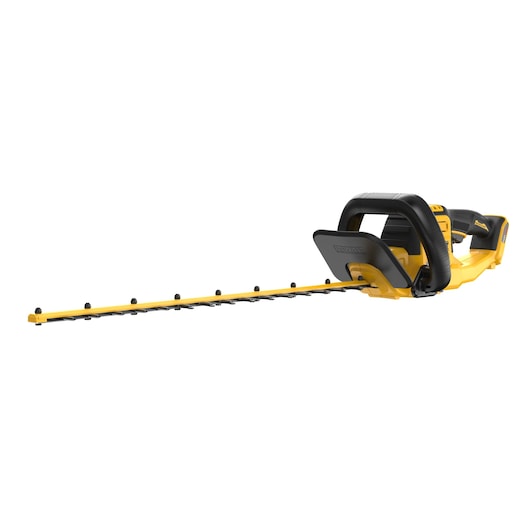 Yellow and black cordless hedge trimmer with long blade and ergonomic handle on white background.