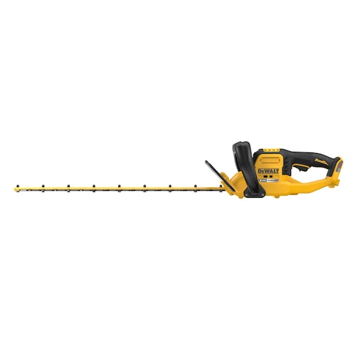 DEWALT cordless hedge trimmer with a yellow and black body and long blade, shown on white background.
