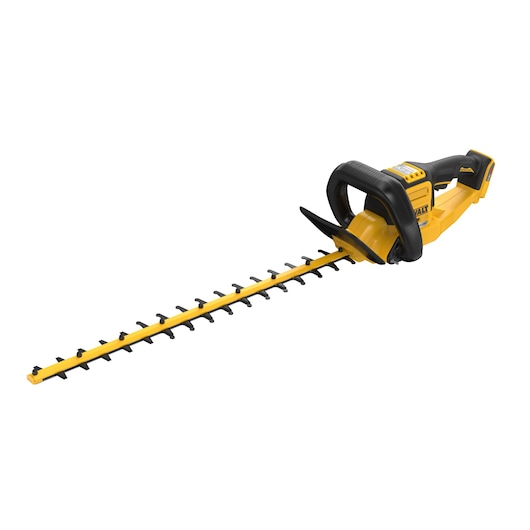 Yellow and black DEWALT cordless hedge trimmer with ergonomic handle, shown on a white background.