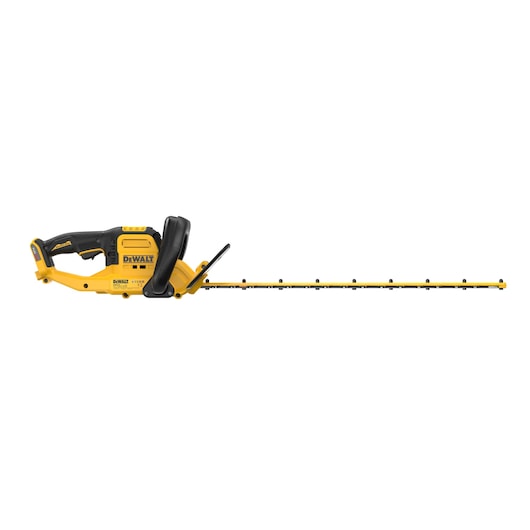 Yellow and black DEWALT cordless hedge trimmer with a long blade and ergonomic handle, side view.