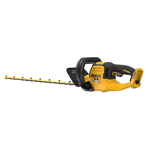 Yellow and black DEWALT cordless hedge trimmer with ergonomic handle, shown on a white background.