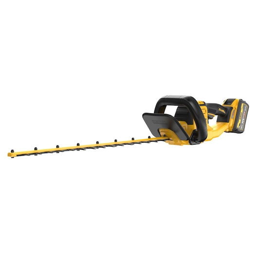 Yellow and black DEWALT cordless hedge trimmer with a long blade and ergonomic handle shown on a white background.