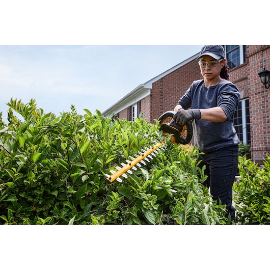 A person using a DEWALT cordless hedge trimmer to trim green bushes in front of a brick house. The person is wearing gloves