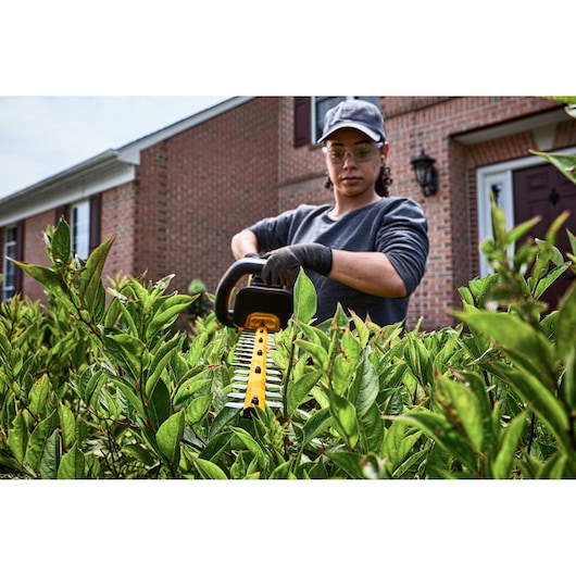 A person wearing gloves is trimming a green hedge with a yellow DEWALT cordless hedge trimmer in front of a brick house.