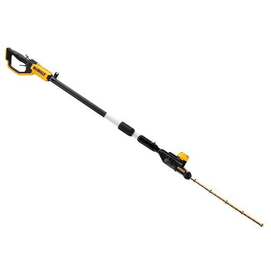 DEWALT pole hedge trimmer with telescopic shaft, yellow and black, for trimming high hedges and shrubs.