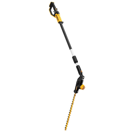 DEWALT cordless pole hedge trimmer with adjustable blade and long handle, shown against a white background.