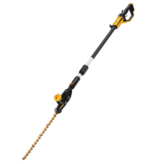 DEWALT cordless pole hedge trimmer with telescopic handle and yellow-black design on white background.