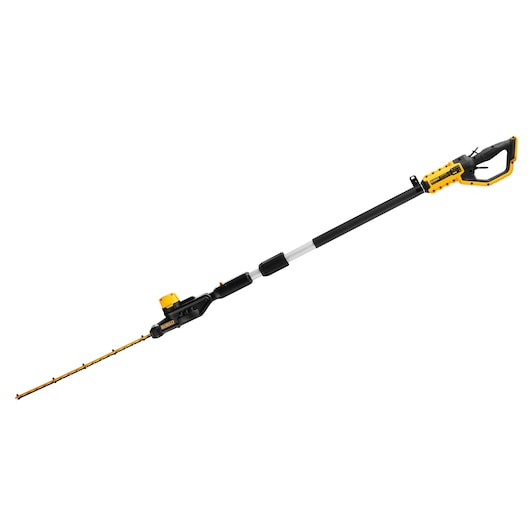 A DEWALT cordless pole hedge trimmer with an extended handle, shown against a white background.