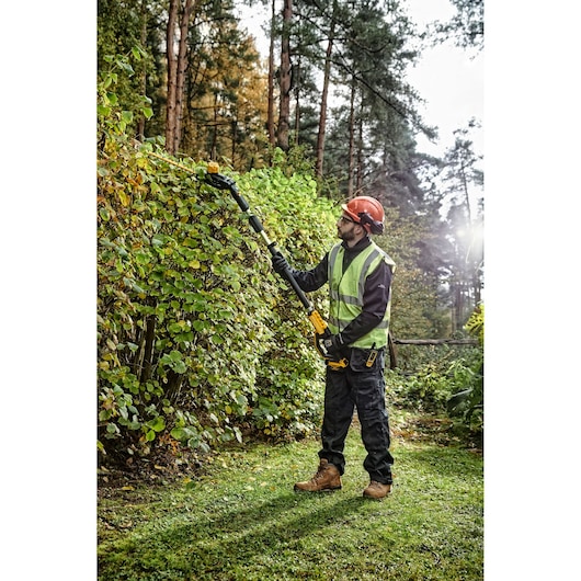 A person wearing protective gear and a safety vest is using a DEWALT pole hedge trimmer to trim tall hedges outdoors in a garden or park area.