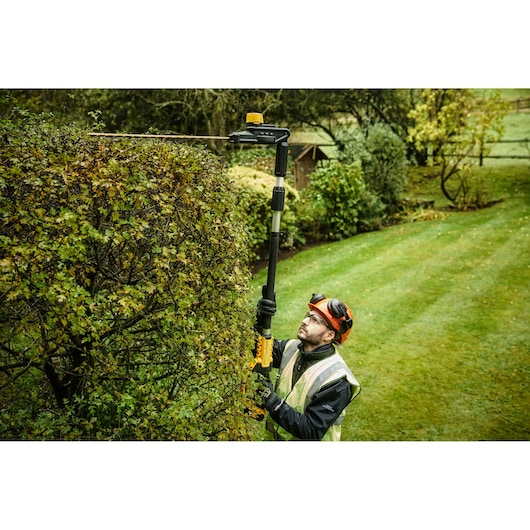 A person using a DEWALT pole hedge trimmer to trim the top of a tall hedge in a garden. The person is wearing safety gear, including gloves, a reflective vest, and protective headgear.