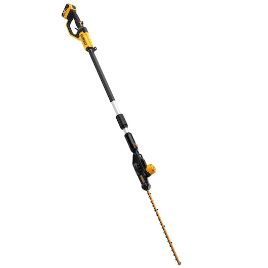 DEWALT cordless pole hedge trimmer with long, adjustable shaft and yellow-black design.