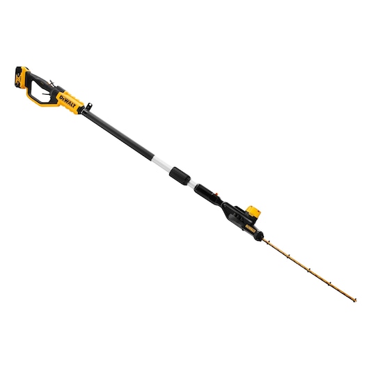 DEWALT cordless telescopic hedge trimmer with yellow and black body, extended pole, and blade on white background.