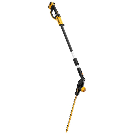DEWALT cordless pole hedge trimmer with black and yellow design, extended handle and adjustable cutting head.