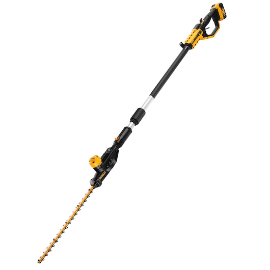 DEWALT cordless pole hedge trimmer with yellow and black design, extended handle, and adjustable cutting blade.