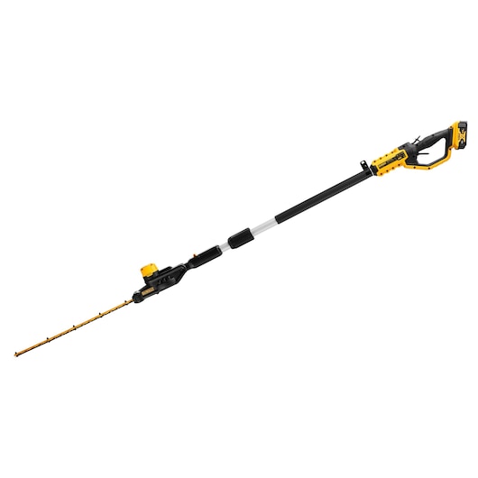 DEWALT cordless pole hedge trimmer with telescopic handle and yellow accents, model DCMPH566P1.