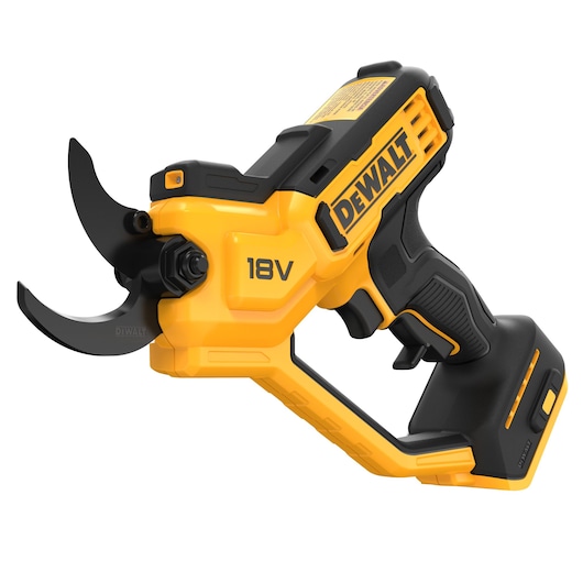 DEWALT 18V cordless pruning shear with yellow and black body, ergonomic handle, and curved blades.
