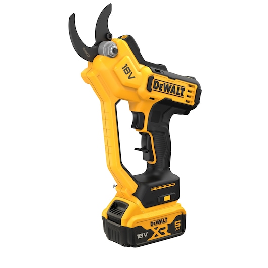 DEWALT 18V cordless electric pruner with XR 5Ah battery. Yellow and black, ergonomic handle, for gardening tasks.