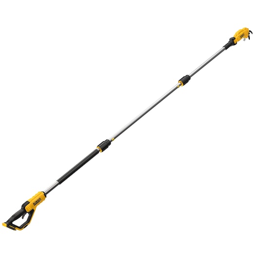 DEWALT cordless pole saw with a telescopic silver and yellow shaft for pruning branches.