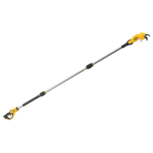 DEWALT cordless pole pruner with long telescopic handle for cutting high branches.