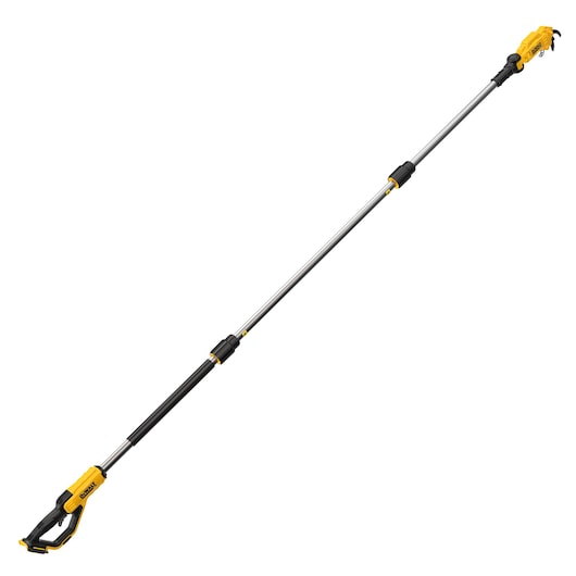 DEWALT cordless pole saw with telescopic shaft, yellow and black, for tree and branch trimming.