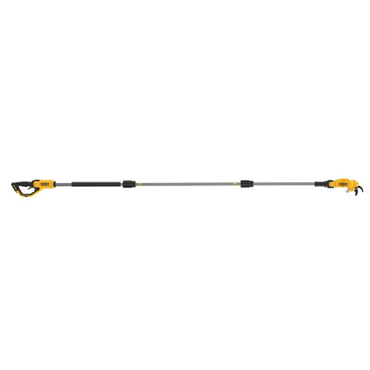 DEWALT cordless pole saw with a yellow and black handle and extendable shaft for pruning branches.