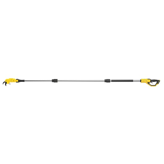 DEWALT cordless pole pruner with extendable shaft and yellow handle, shown against a white background.