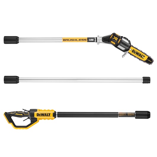 DEWALT cordless 18V brushless pole saw, three parts layout, black and yellow color, for trimming branches.