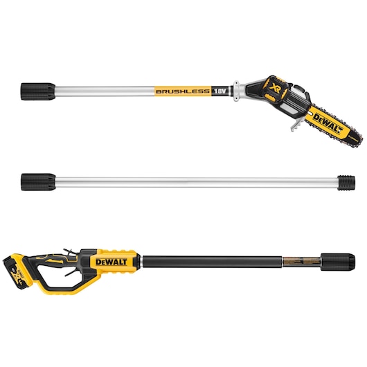 DEWALT 18V pole saw with brushless motor, showing three separate parts in a side view on a white background.