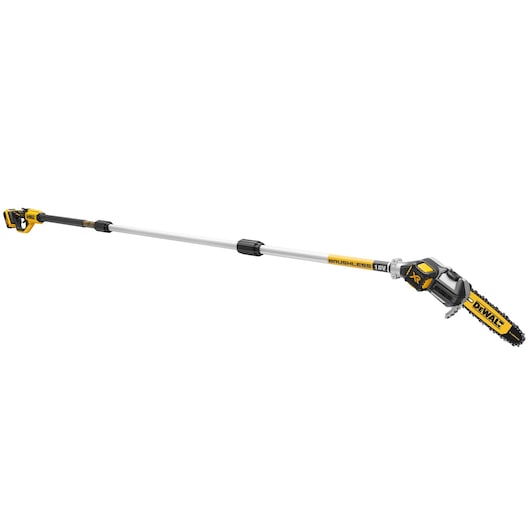 DEWALT cordless 18V pole saw with yellow and black design, extendable shaft for tree trimming.
