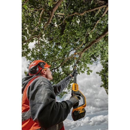 Person using DEWALT cordless pole saw to trim tree branches outdoors. Safety gear worn for protection.