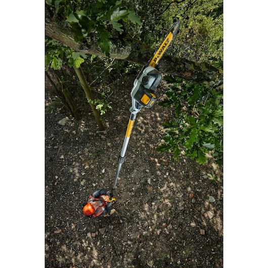 Person uses a DEWALT pole saw to trim tree branches outdoors, wearing safety gear.