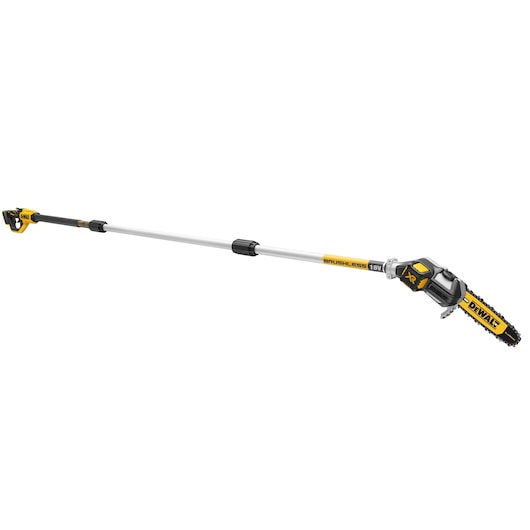 DEWALT 18V cordless pole saw with yellow and black design, long telescopic shaft and brushless motor.