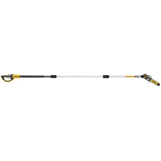 DEWALT cordless pole saw with long silver shaft and yellow handle for pruning and cutting branches.