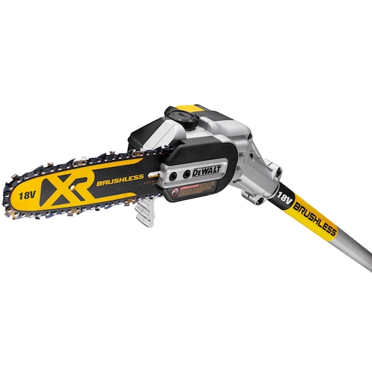 DEWALT 18V XR brushless pole saw with yellow and black bar and silver head, shown on white background.