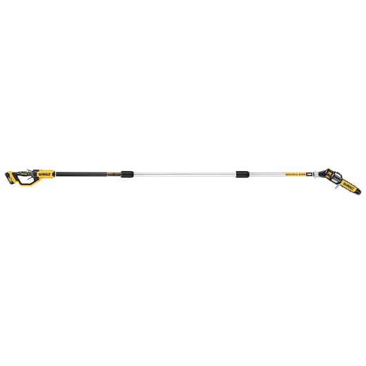 DEWALT cordless pole saw with a long telescopic shaft and chainsaw blade for tree trimming and pruning.