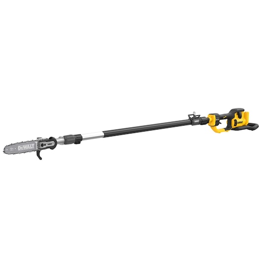 DEWALT cordless pole saw, long handle, black and yellow design, intended for trimming tree branches.