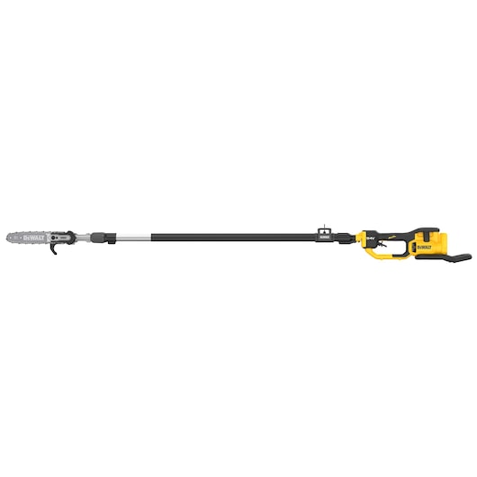 DEWALT cordless pole saw with long handle and chainsaw head for trimming tree branches.