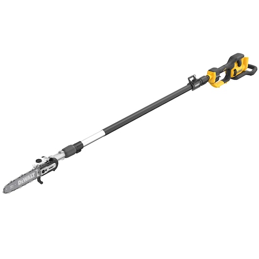 DEWALT cordless pole saw with long handle and yellow-black design for cutting branches.