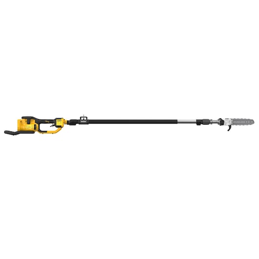 DEWALT pole saw with long handle and chainsaw blade for tree trimming, shown on a white background.