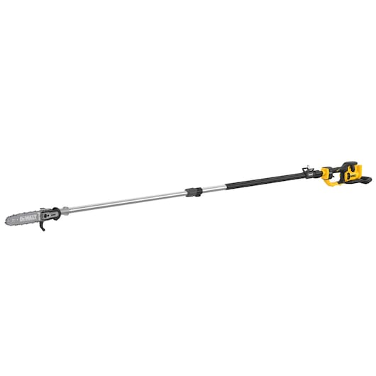 DEWALT cordless pole saw with long extendable shaft for pruning branches, shown against a white background.