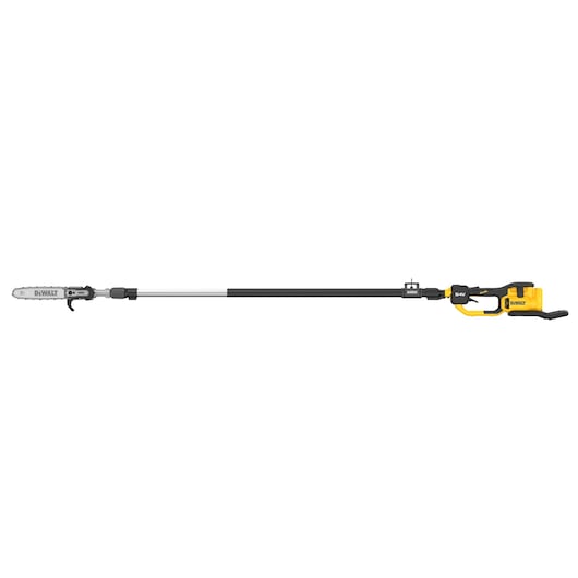 DEWALT cordless pole saw with a yellow and black body and extended shaft for pruning tree branches.