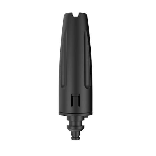 Black spray nozzle accessory for a DEWALT pressure washer, shown upright on a white background.