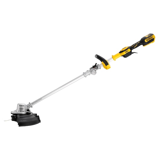 DEWALT cordless brushless grass trimmer with long handle and black-yellow design.